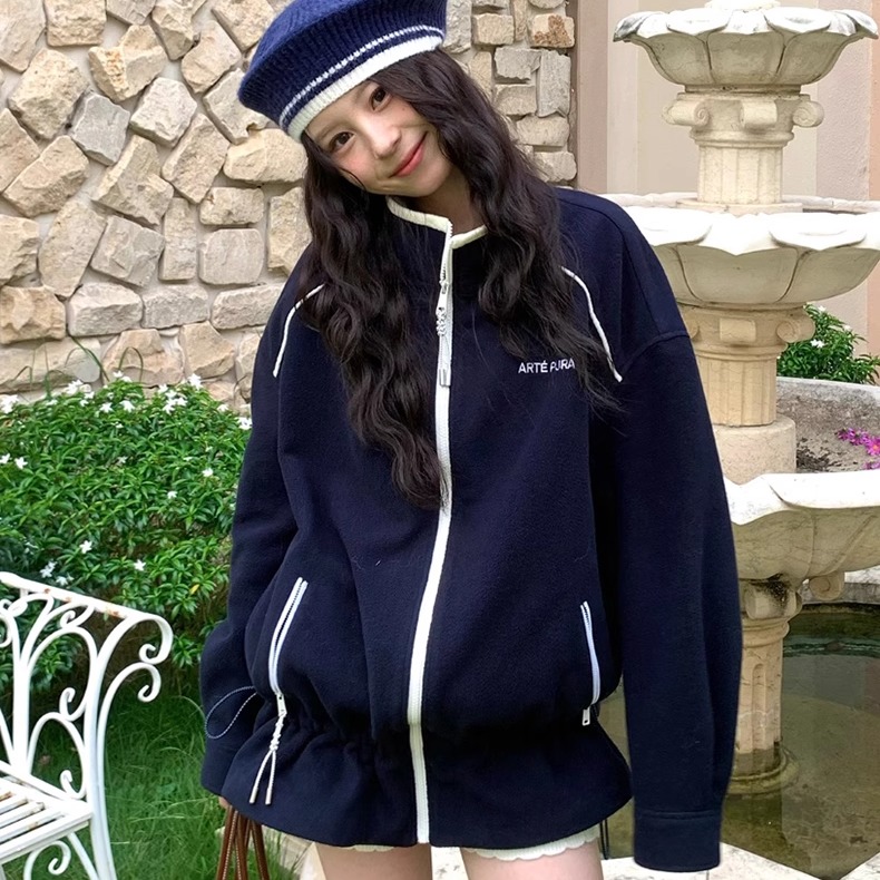 ARTE PURA25秋冬胶囊新款藏青拼白抽绳摇粒绒外套休闲韩系上衣女