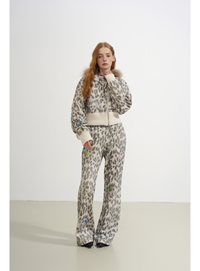 SOFITTE 25AW秋季  豹纹烫钻毛领斜门襟卫衣外套 微喇卫裤