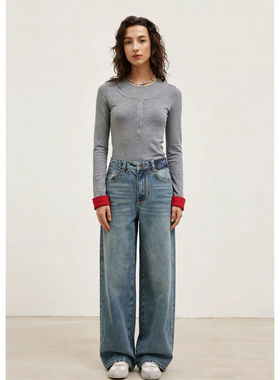 JAC FLEURANT26早春SS 假两件灰色小心机打底衫 LOGO百搭牛仔裤