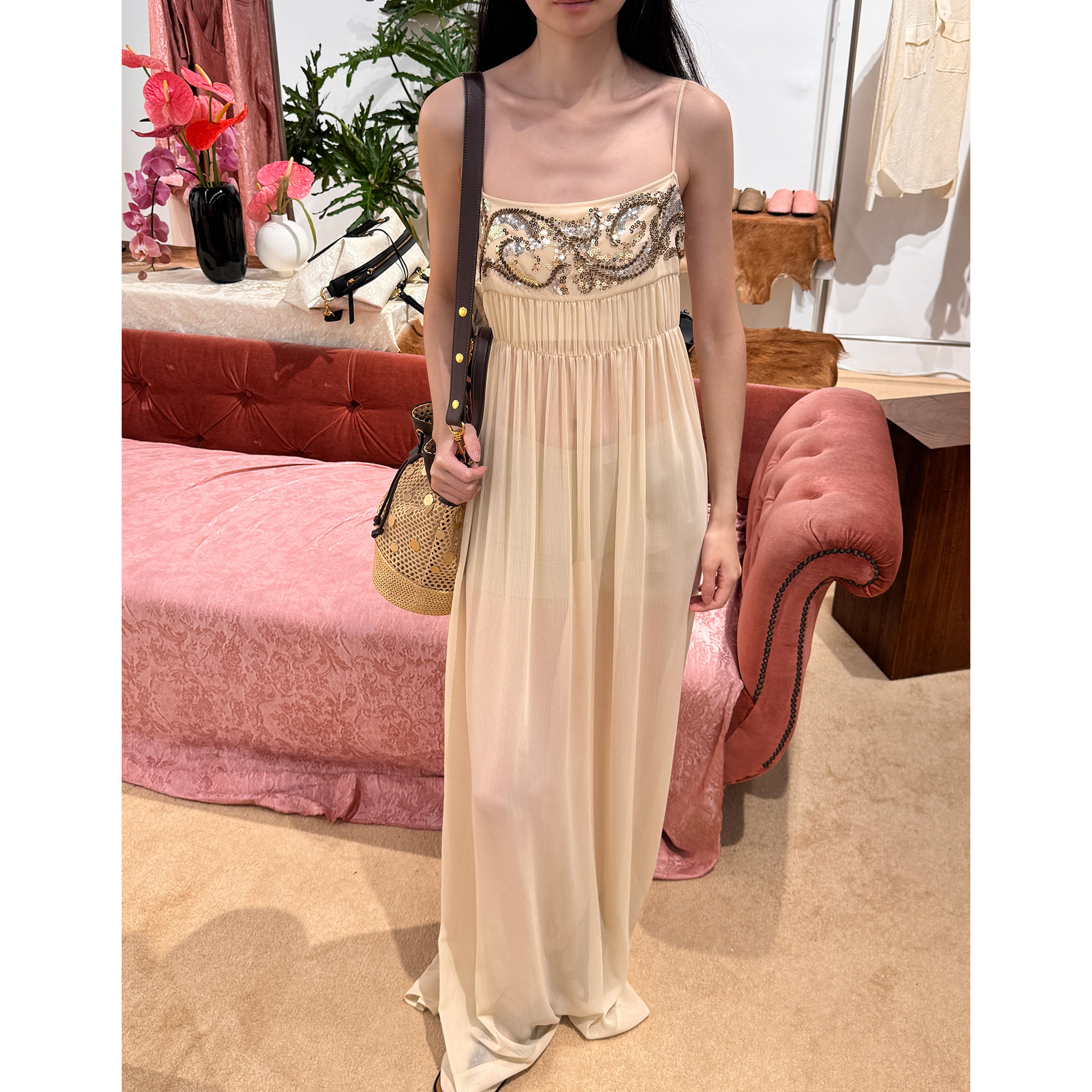 现货 XU ZHI 26春季新品 珠绣装饰雪纺吊带连衣裙 吊带上衣