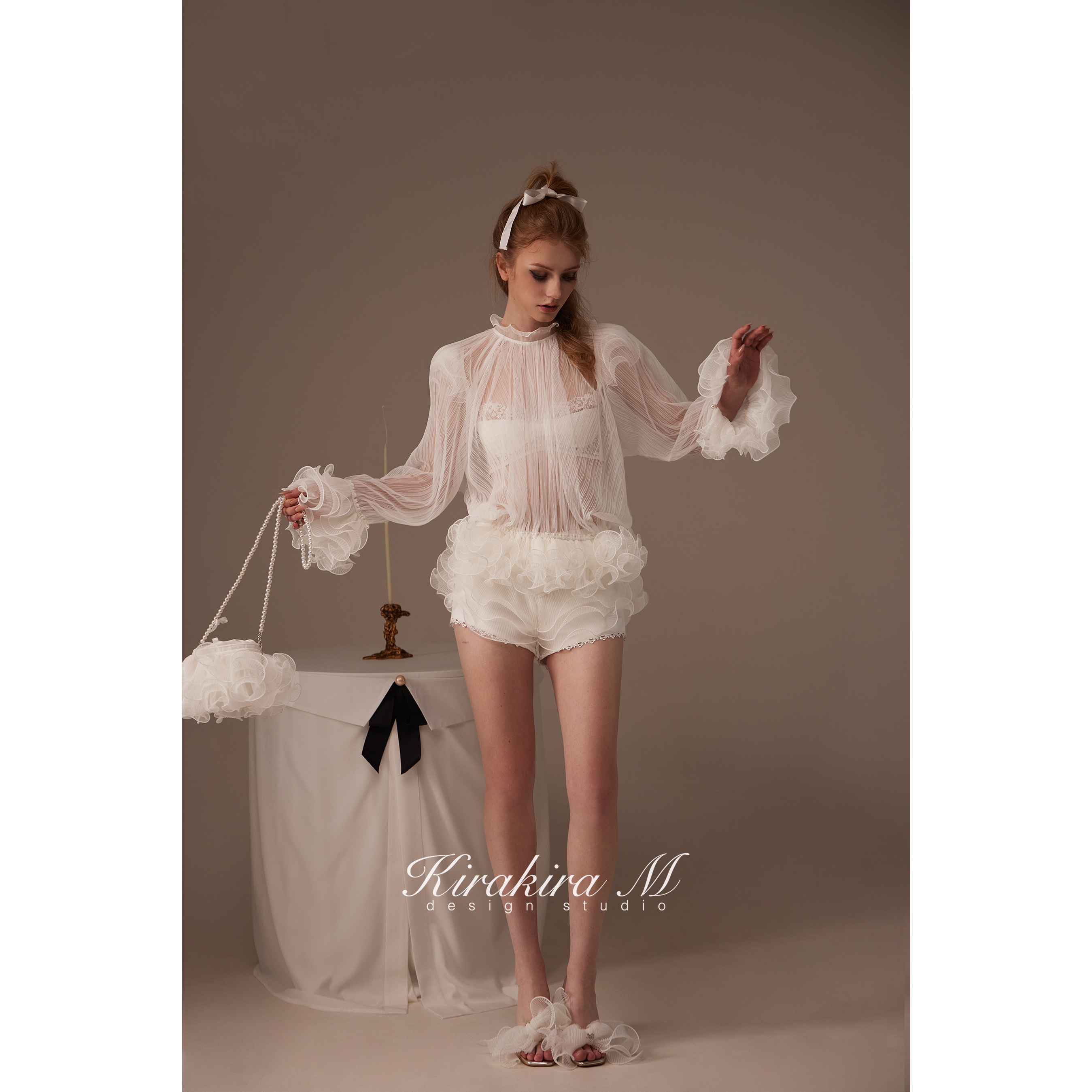 Kirakira M 25SS Amara半透视打褶花边罩衫 蕾丝胸衣  花边短裤