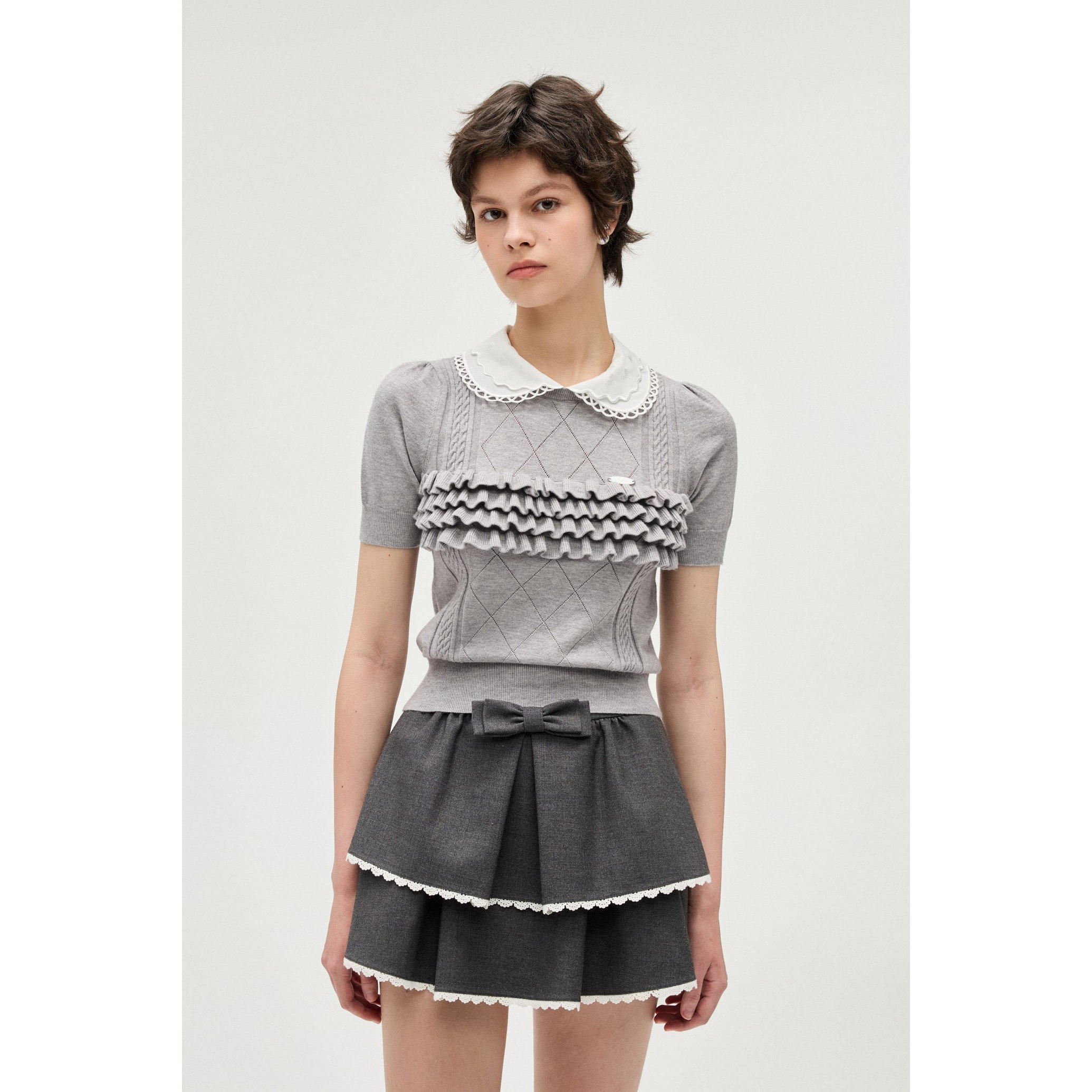 EIMISMOSOL2026早春SS短款短袖翻领套头毛衫不规则多层次蕾丝半裙,女装/女士精品,时尚套装,淘宝优惠券,粉丝福利购,淘宝优惠卷