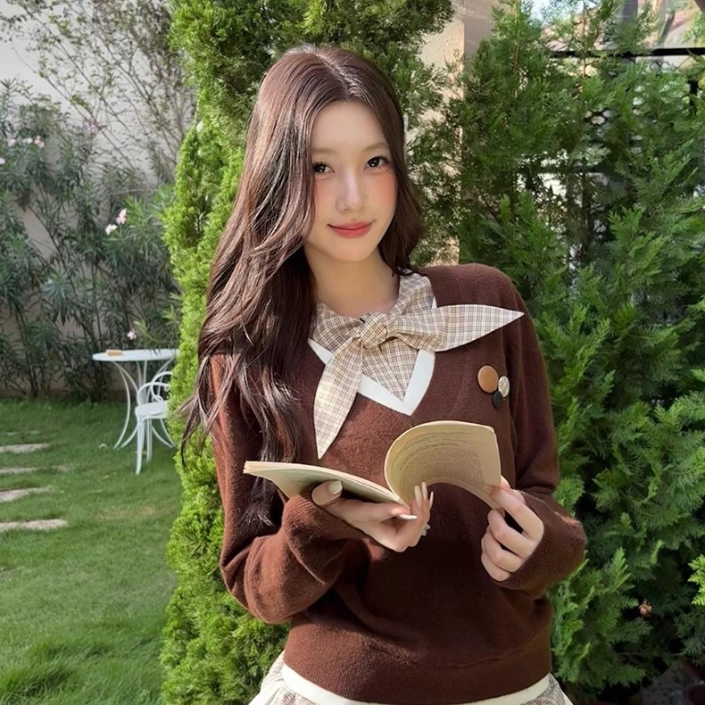 ARTE PURA25秋冬胶囊新款学院风复古格纹绑带衬衫假两件毛织衫女