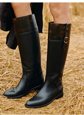 BREAD TREE 面包树 新款扣带装饰拼色马靴真皮尖头擦色时尚长靴