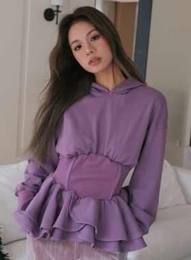 【清货折XS】LUMING ROOM 秋冬荷叶边卫衣撞色鱼骨抹胸丝绒喇叭裤