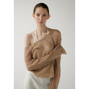 现货NONETONE暖沙菱韵镂空挂脖针织长袖 日本进口高腰磨毛牛仔短裤