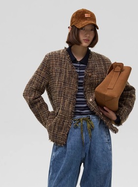 OFF COURSE24 拼色翻领羊剪绒短款拉链外套