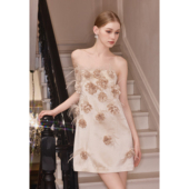chen2025SS Wardrobes 手工繁花羽毛缎面醋酸抹胸连衣裙
