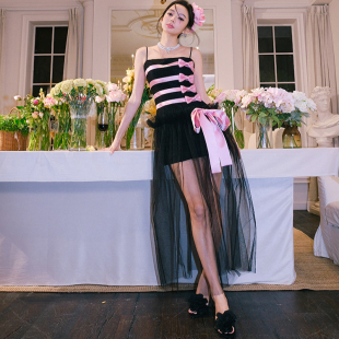 度假风黑粉撞色蝴蝶结缎面网纱长裙 MasionWester女装 4折