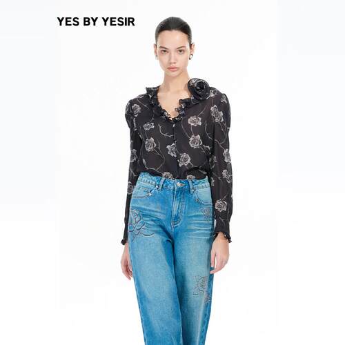 【清货折M】YES BY YESIR叶谦原创设计衣南法真丝黑玫瑰印花衬衫