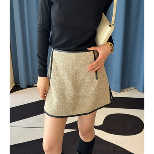 秋冬新款 Esber Christopher 卡其色亚麻混合纹理半裙 清货折