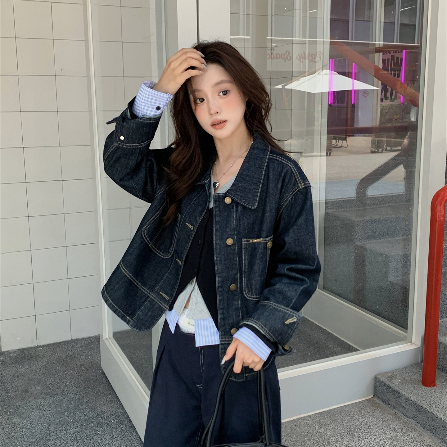 FOR WHY 25AW新款明线外缝双口袋设计感夹克翻领牛仔外套休闲裤