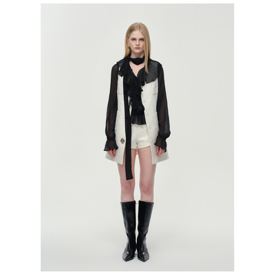 【设计师女装】ODTD25冬季胶囊款白色浮雕提花长马甲单排扣上衣女