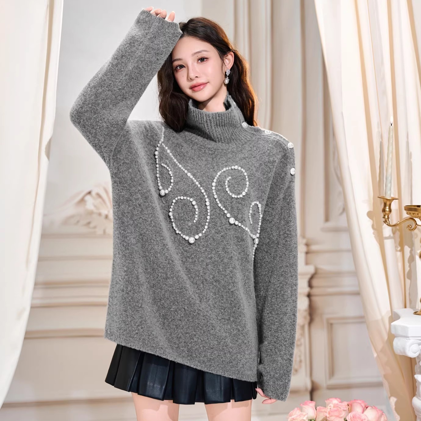 Three Quarters 25AW 灰色进口羊毛纯手工订珠高领毛衣