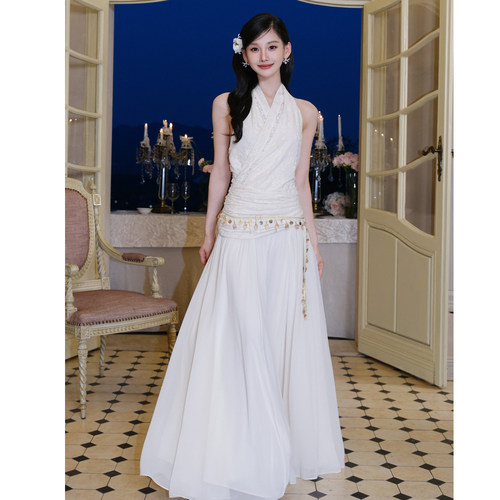 Maison Wester25秋季新品 波西风挂脖垂褶长裙度假