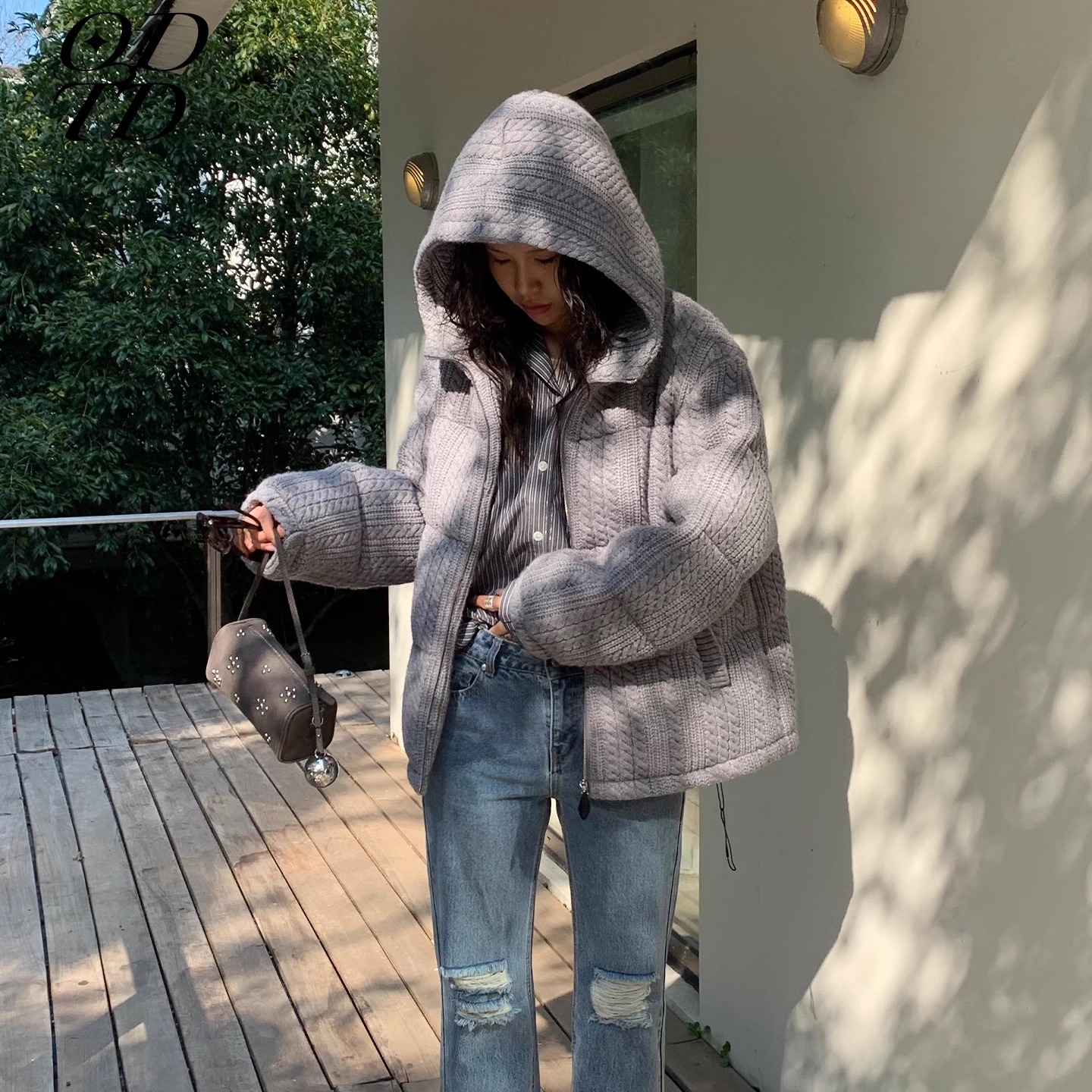 【设计师女装】ODTD25秋冬新款绞花羊毛针织90鹅绒连帽羽绒服上衣