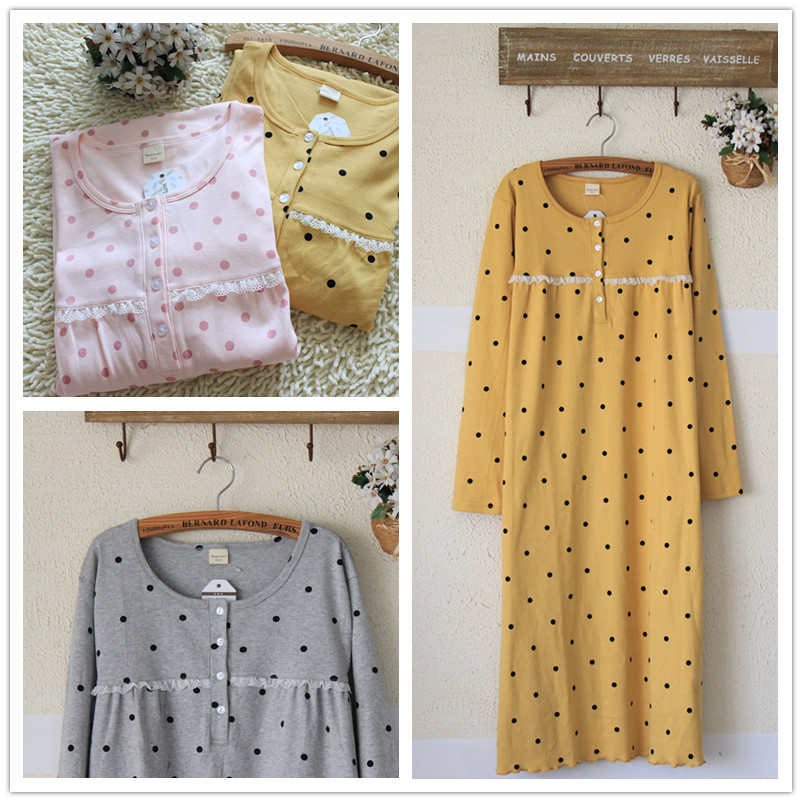 长袖波点加肥蕾丝荷叶边女士睡衣