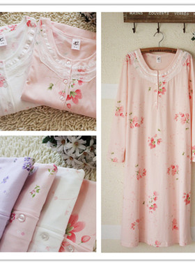 春秋季纯棉长袖女士秋天加肥加大码宽松全棉薄款夏睡衣睡裙家居服