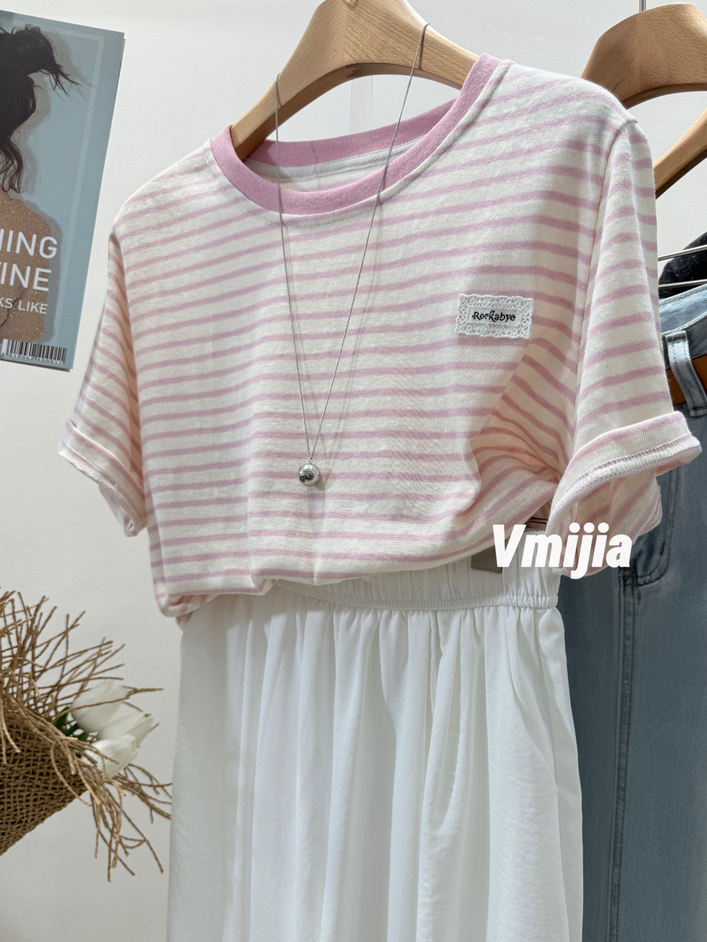 Vmijia 超爆自留款～夏季透气雪花竹节棉条纹短袖T恤女贴布上衣潮