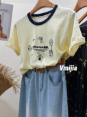 Vmijia T恤女上衣 刺绣卡通小狗字母短袖 超爆彩点棉 拼色圆领个性