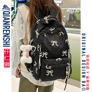 初中女生书包2025新款女高中生高颜值双肩包黑色ins风蝴蝶结背包