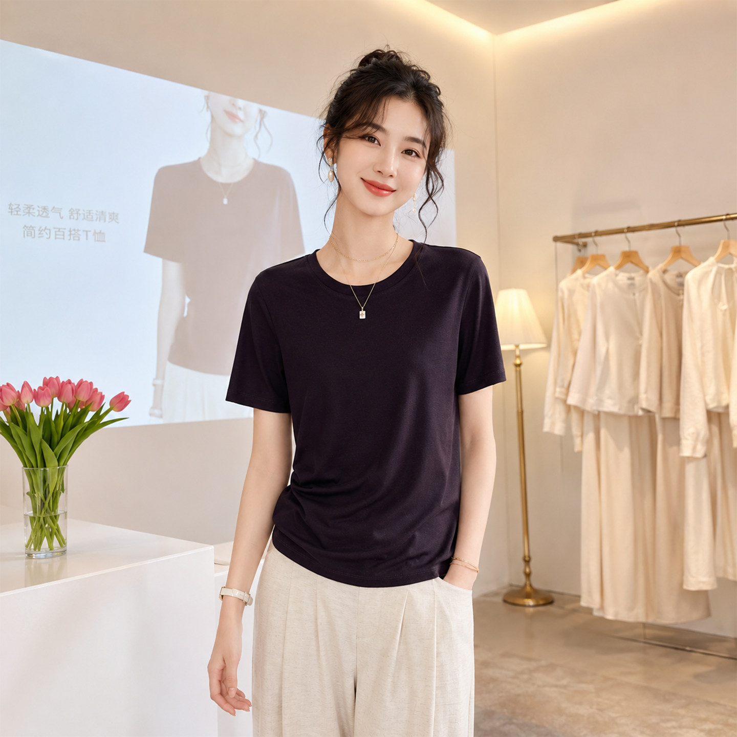 龙葵紫正肩圆领短袖女夏季休闲百搭薄款纯色显瘦上衣t恤女高级感