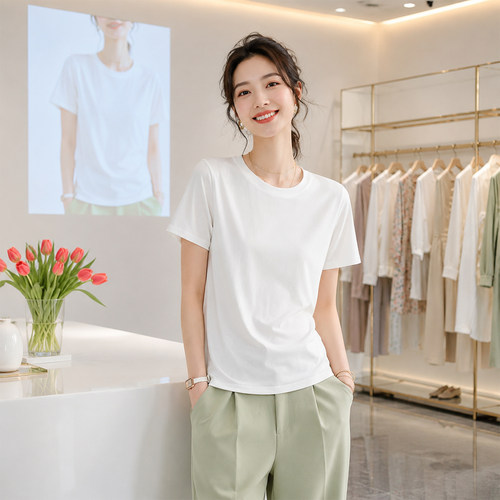 高品质白色正肩圆领短袖t恤女