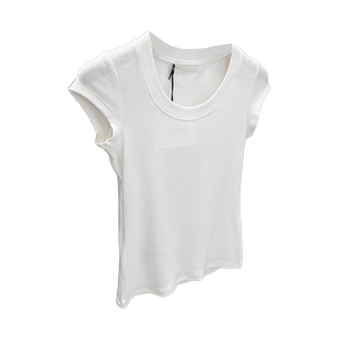 法式夏季新白色高级感U领正肩短袖t恤女修身显瘦小飞袖短款上衣潮