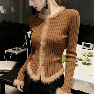 气质穿搭小衫 女秋冬款 掐腰毛衣针织衫 复古风绝美咖色坑条毛边长袖