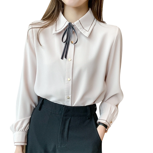 2026年春装新款雪纺衬衫上衣蝴蝶结系带翻领衬衫女士百搭衬衣长袖