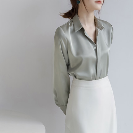 法式2025春秋新款高级感醋酸缎面长袖衬衫女士设计感小众洋气上衣