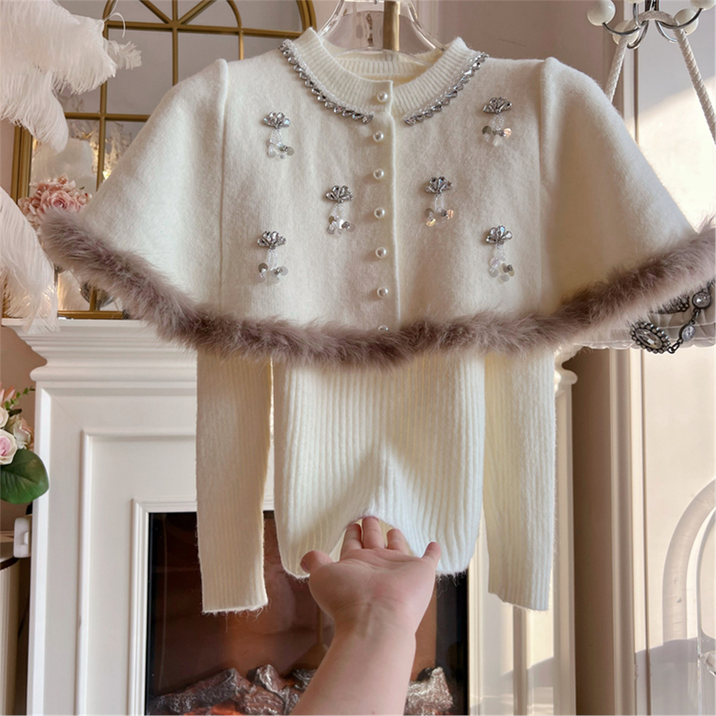 小香风披肩斗篷拼接毛针织