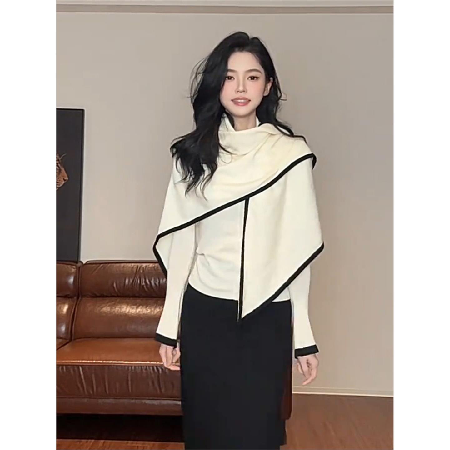 韩系穿搭设计感三角披肩针织衫