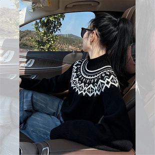 黑色费尔岛毛线衣冬季 设计感小众巨好看洋气加厚上衣宽松毛衣 新款