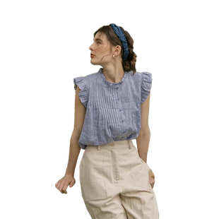 法式2025夏季新款复古蓝色格子小飞袖短袖衬衫女气质别致薄款上衣