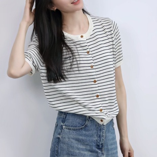 2026夏新款韩系时尚条纹针织开衫女短袖薄款灰色上衣学院风毛衣