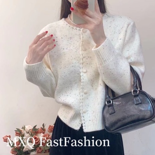 花米白色厚款小香风毛衣开衫女秋冬气质风小个子蓝色针织开衫外套