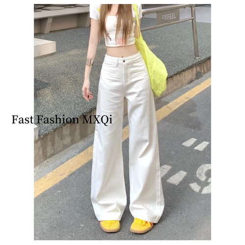 春秋新款白色高腰阔腿牛仔裤女宽松显瘦韩版百搭直筒裤子YP833