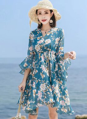 欧美跨境女装夏季新款碎花连衣裙V领荷叶边中长裙子雪纺A字裙