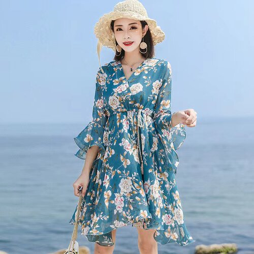 欧美跨境女装夏季新款碎花连衣裙V领荷叶边中长裙子雪纺A字裙