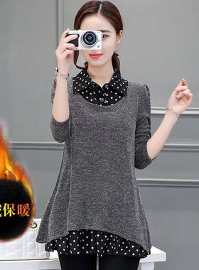 大码女装胖妈妈秋冬装长袖加绒加厚T恤针织打底衫衬衣领假两件套