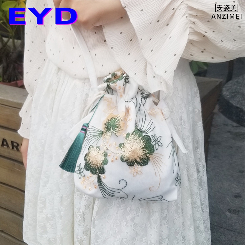 汉服包包古风刺绣蕾丝包儿童手提斜挎民族风夏季女士抽绳棉布袋包