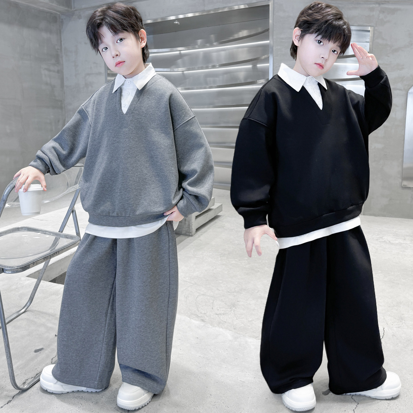 2026男童春秋季休闲套装新款衬衫领卫衣假两件套中大童潮酷帅气