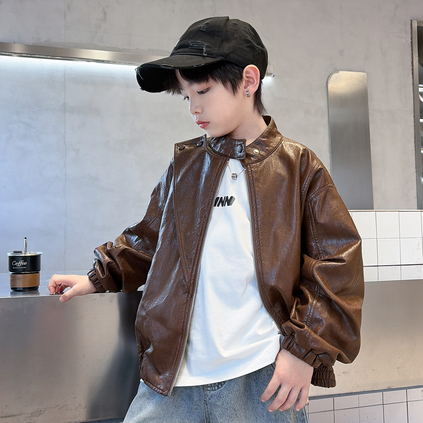 男童春秋机车风立领皮衣夹克