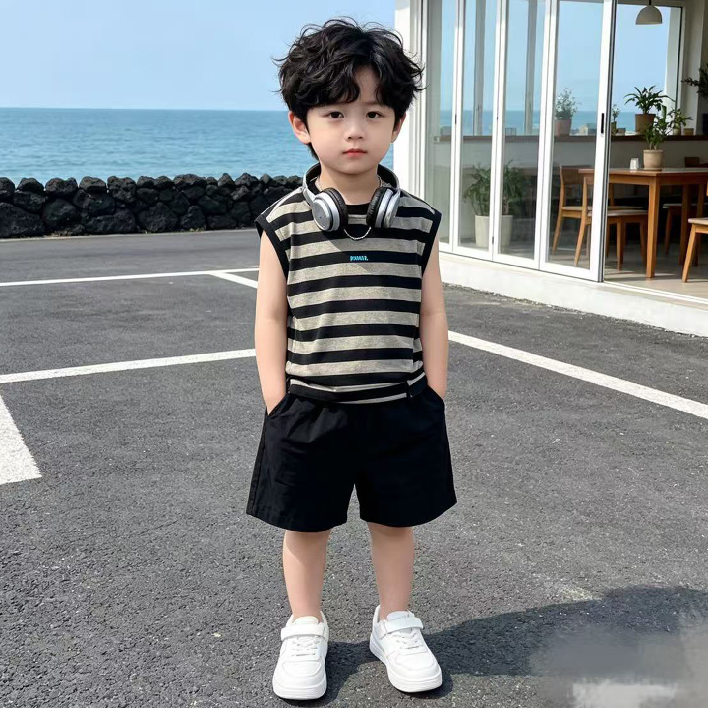 男童夏季条纹背心两件套透气吸汗