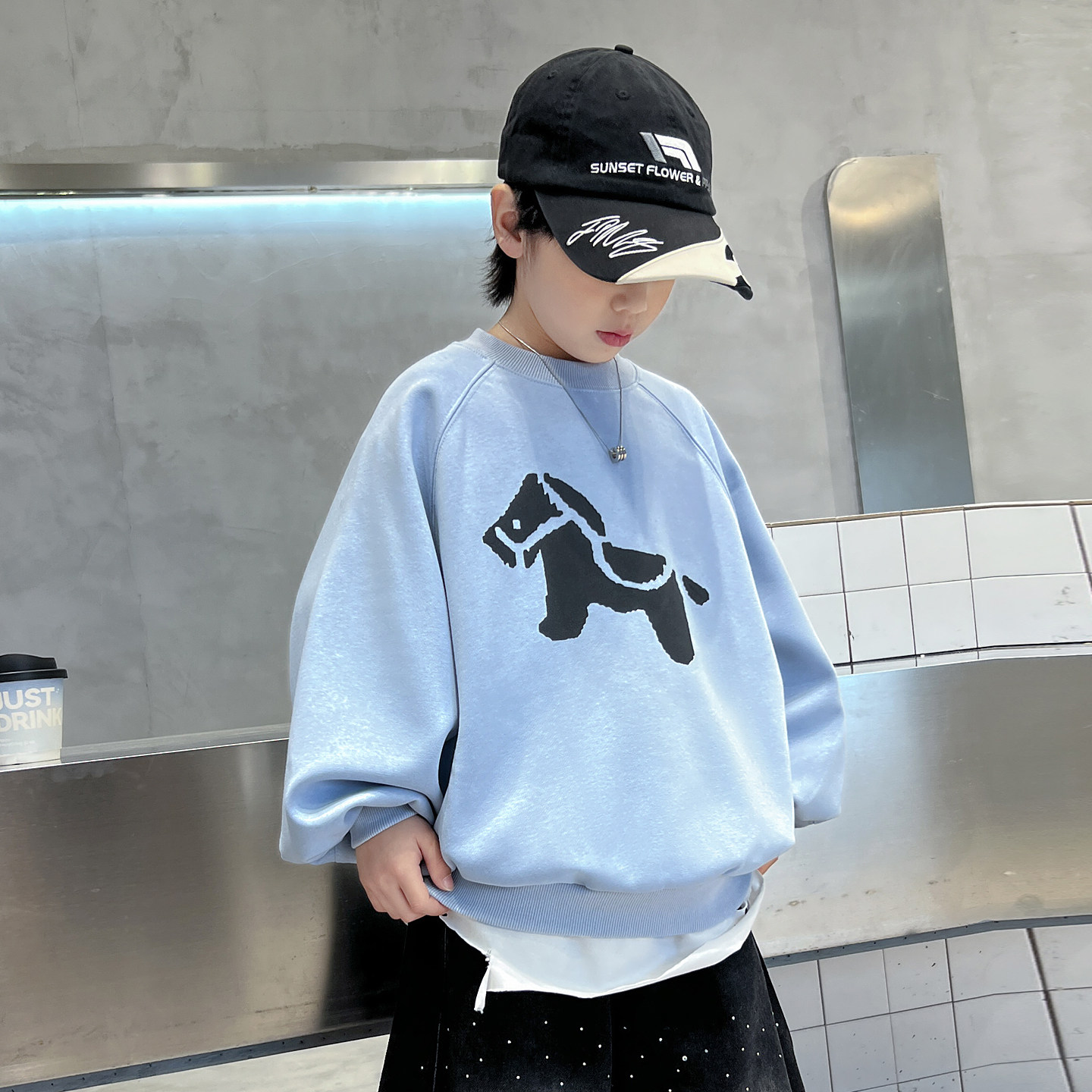 2026男童蓝色小马卡通卫衣新款男孩儿童休闲靓色春秋长袖上衣潮