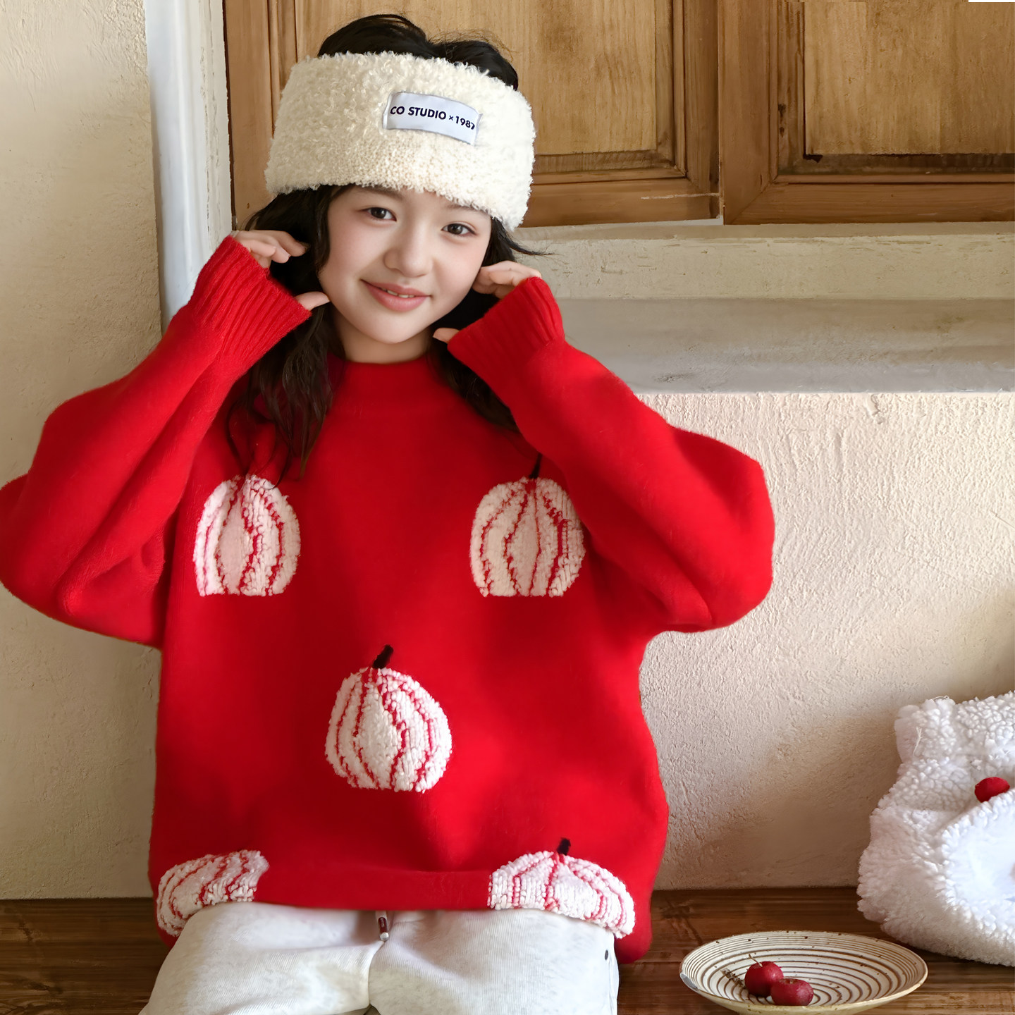 红色加厚女童毛衣秋冬本命年