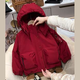 儿童加绒加厚棉服红色外套男童派克服新款冬季童装冬装新年拜年服