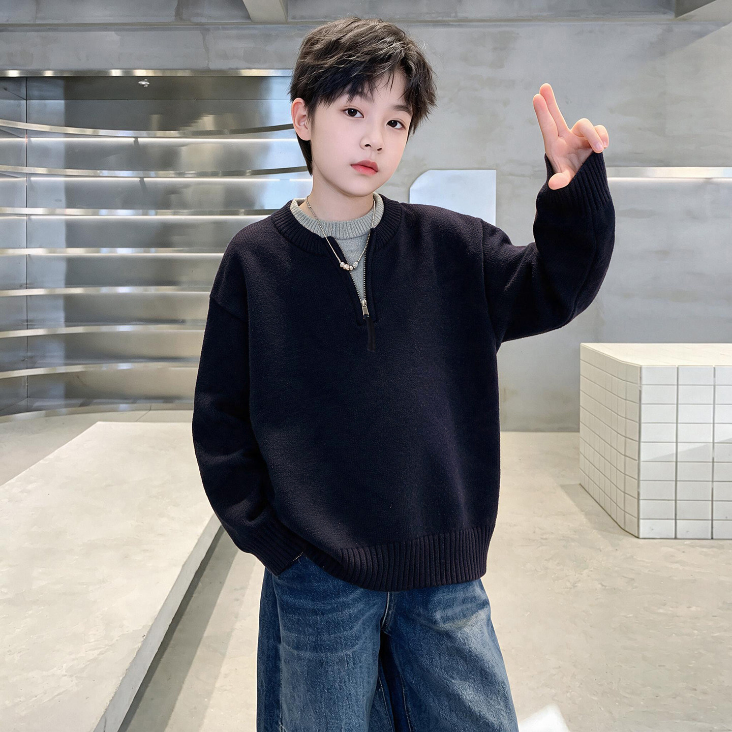 男童秋冬老钱风半拉链针织衫