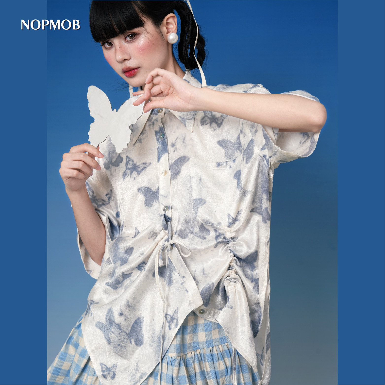 NOPMOB 海盐蝴蝶 缎面解结构不规则原创小众设计感短袖衬衫女夏
